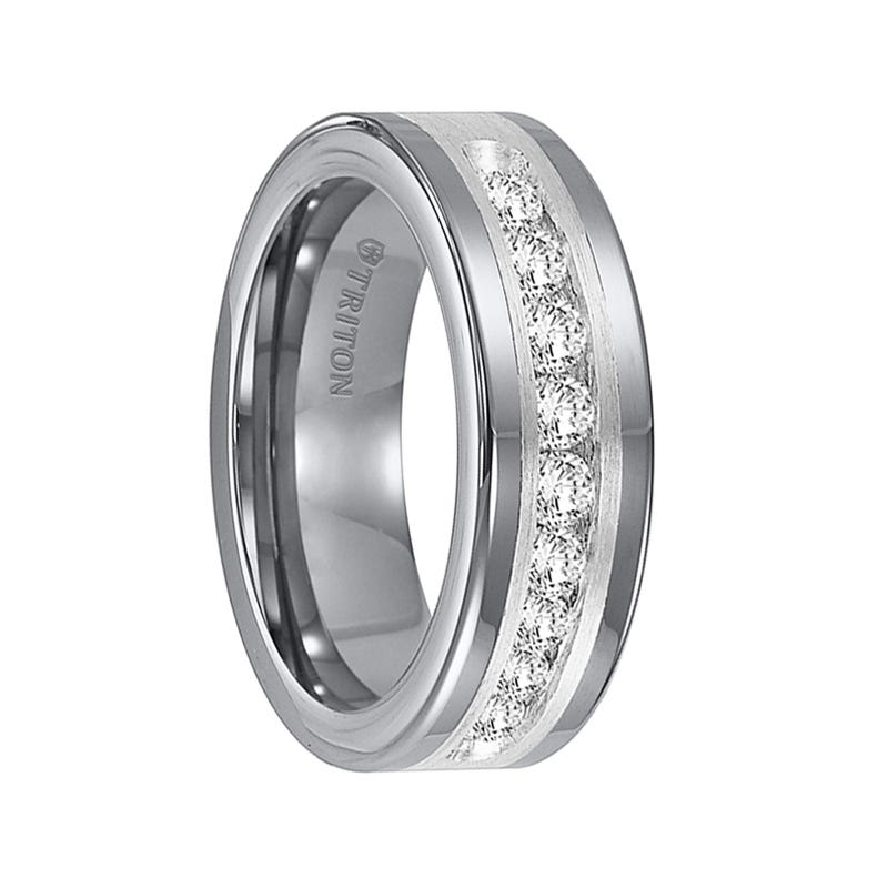 RENFRED Flat Tungsten Carbide Wedding Band with Satin Finished Silver Inlay and Large Channel Set Diamonds by Triton Rings - 8mm