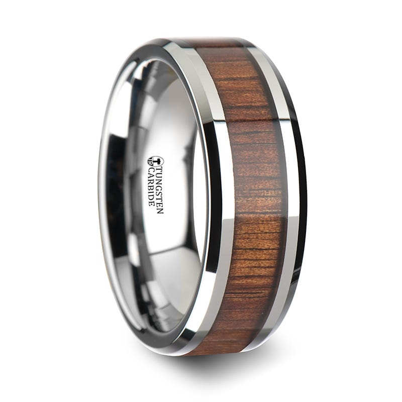 KONA Koa Wood Inlaid Tungsten Carbide Ring with Bevels - 6 mm - 10 mm