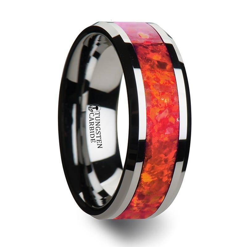 NEBULA Tungsten Wedding Band with Beveled Edges and Red Opal Inlay - 6 mm & 8 mm