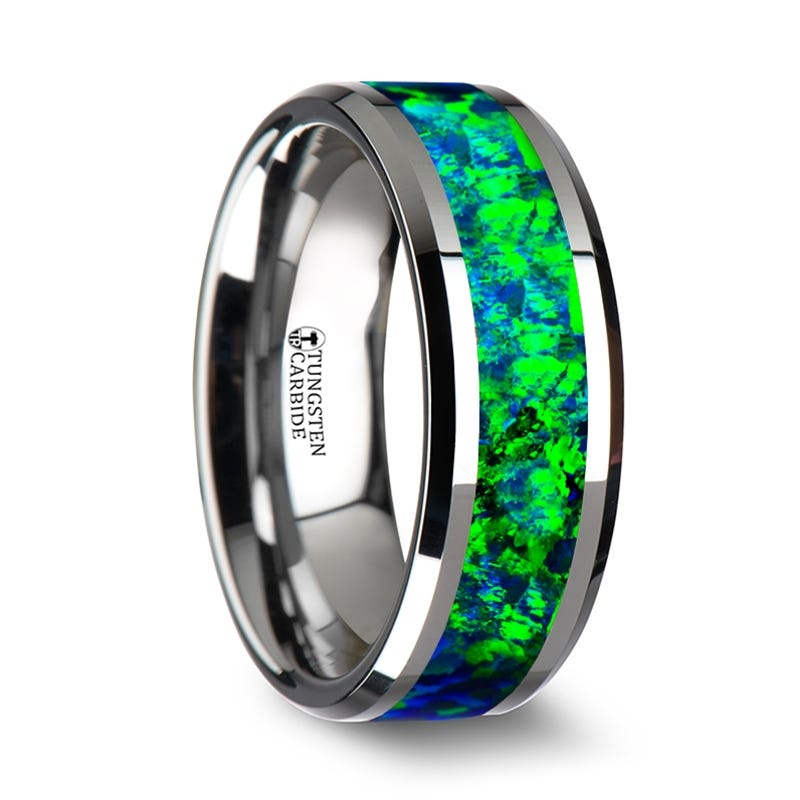 PHOTON Tungsten Wedding Band with Beveled Edges and Emerald Green & Sapphire Blue Color Opal Inlay - 6mm & 8 mm