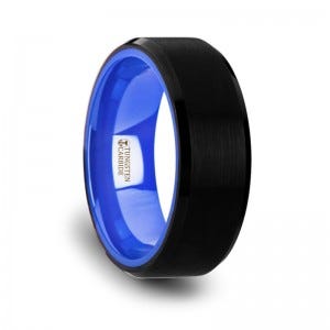 RIGEL Black Tungsten Comfort Fit Wedding Band with Brush Center Bright Bevels and Deep Blue inside color - 8mm