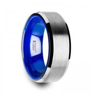 SIRIUS Tungsten Comfort Fit Wedding Band with Brush Center Bright Bevels and Deep Blue inside color - 8mm