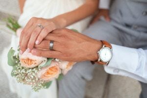 closeup of couples wedding bands