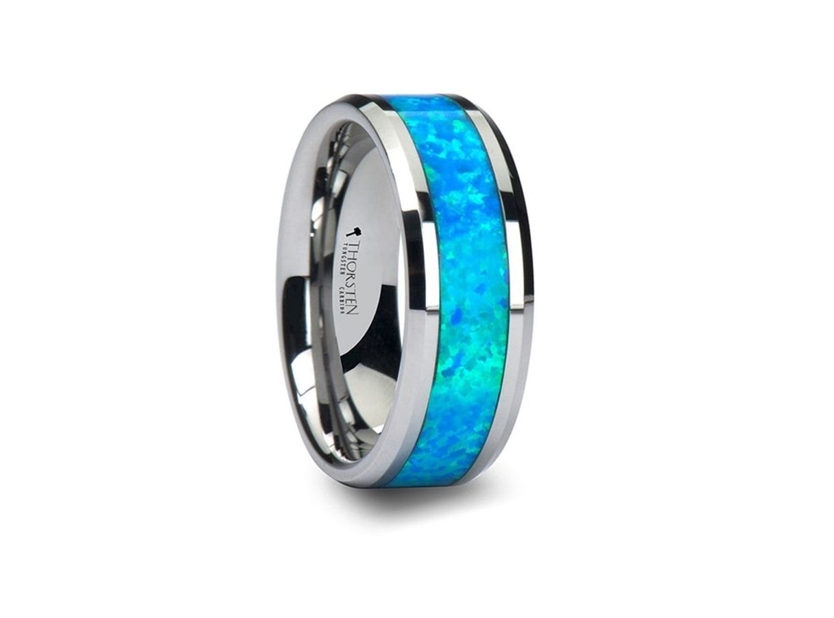 Quasar tungsten wedding band blue and green opal inlay