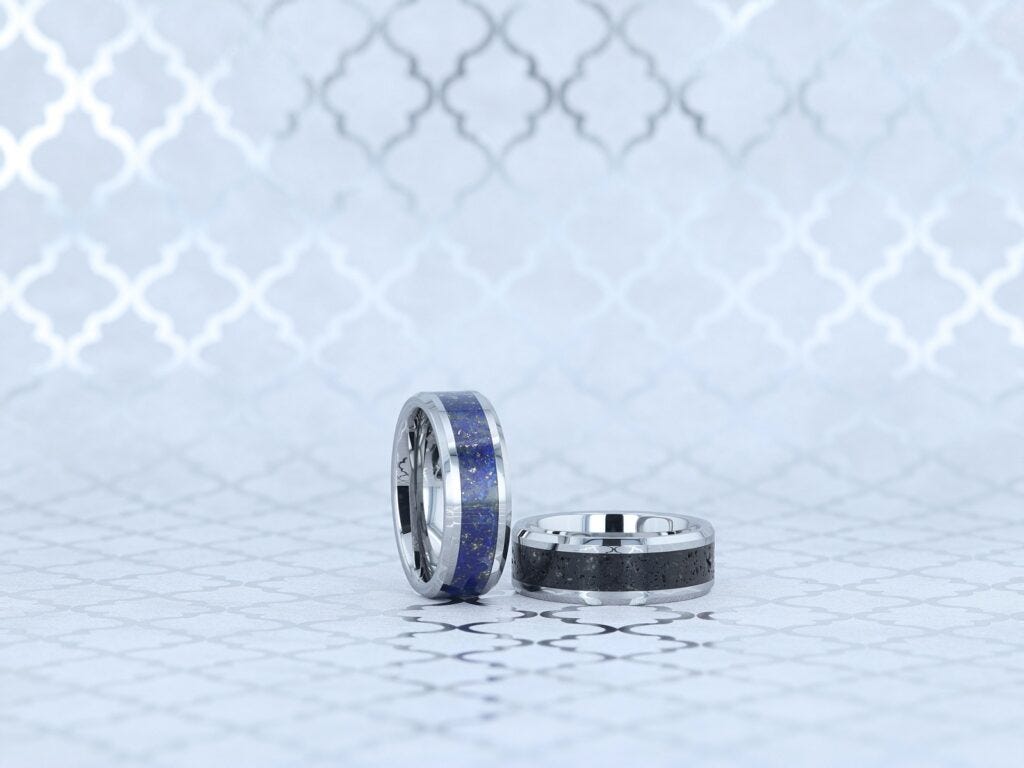 14k White Gold wedding bands with blue and black inlay